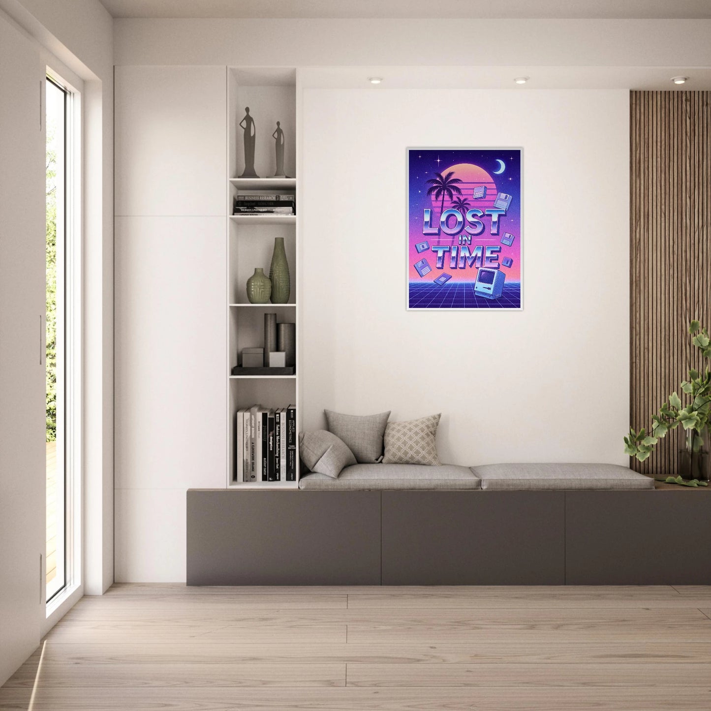 Lost in Time Poster im hellen Wohnzimmer – modernes Vaporwave Wandbild mit pink-blauem Sonnenuntergang. Trendige Retro-Dekoration für digitale Kunstliebhaber von Defa Designs.