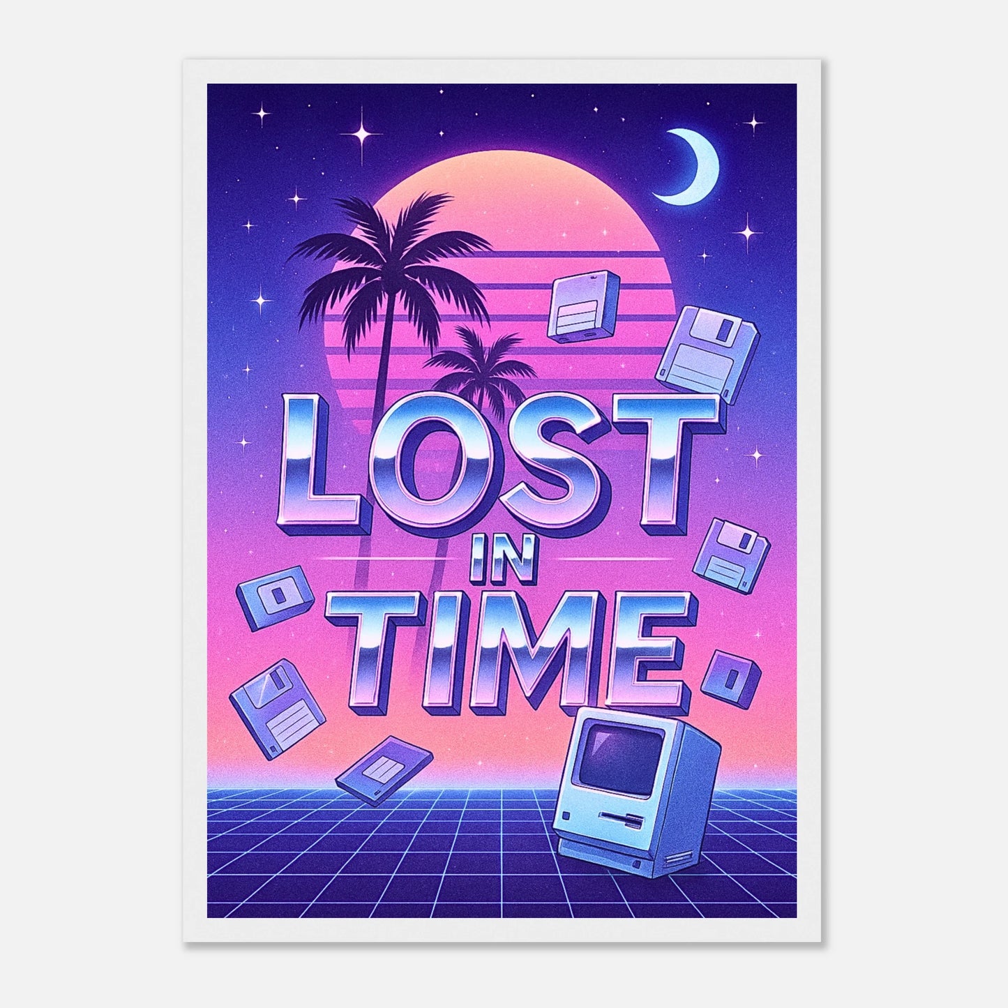 Lost in Time Poster im weißen Rahmen – futuristisches Synthwave Wandbild mit Neonfarben, Palmen und Pixelsonne. Retro Ästhetik inspiriert von den 80ern, exklusiv von Defa Designs.