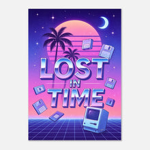 Lost in Time retro poster – vaporwave wall art with neon sunset, palm trees, floppy disks and vintage computer

