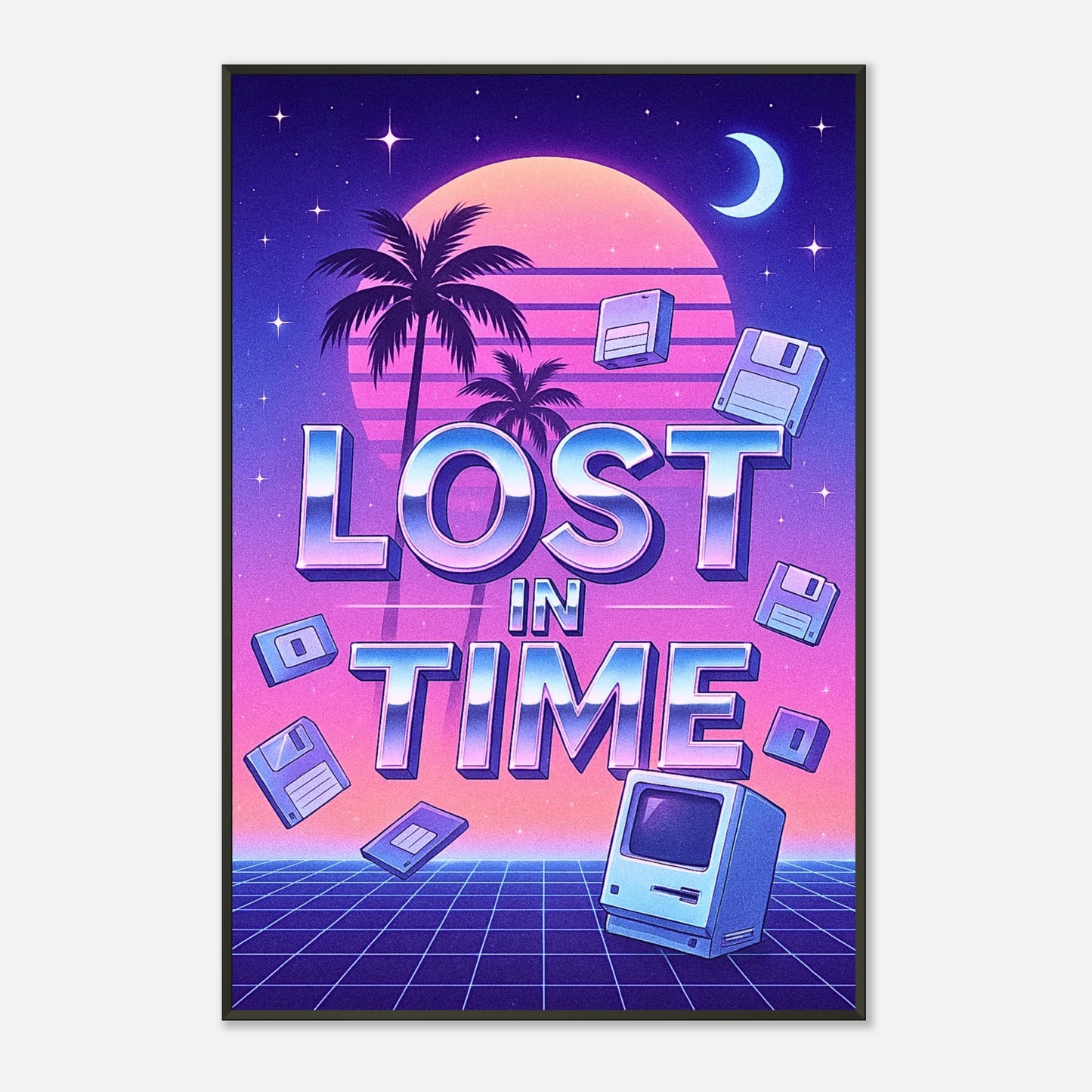 Lost in Time vaporwave poster in black metal frame front view with retro 80s digital aesthetic and pixel sunset background