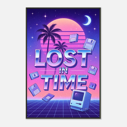 Lost in Time vaporwave poster in black metal frame front view with retro 80s digital aesthetic and pixel sunset background