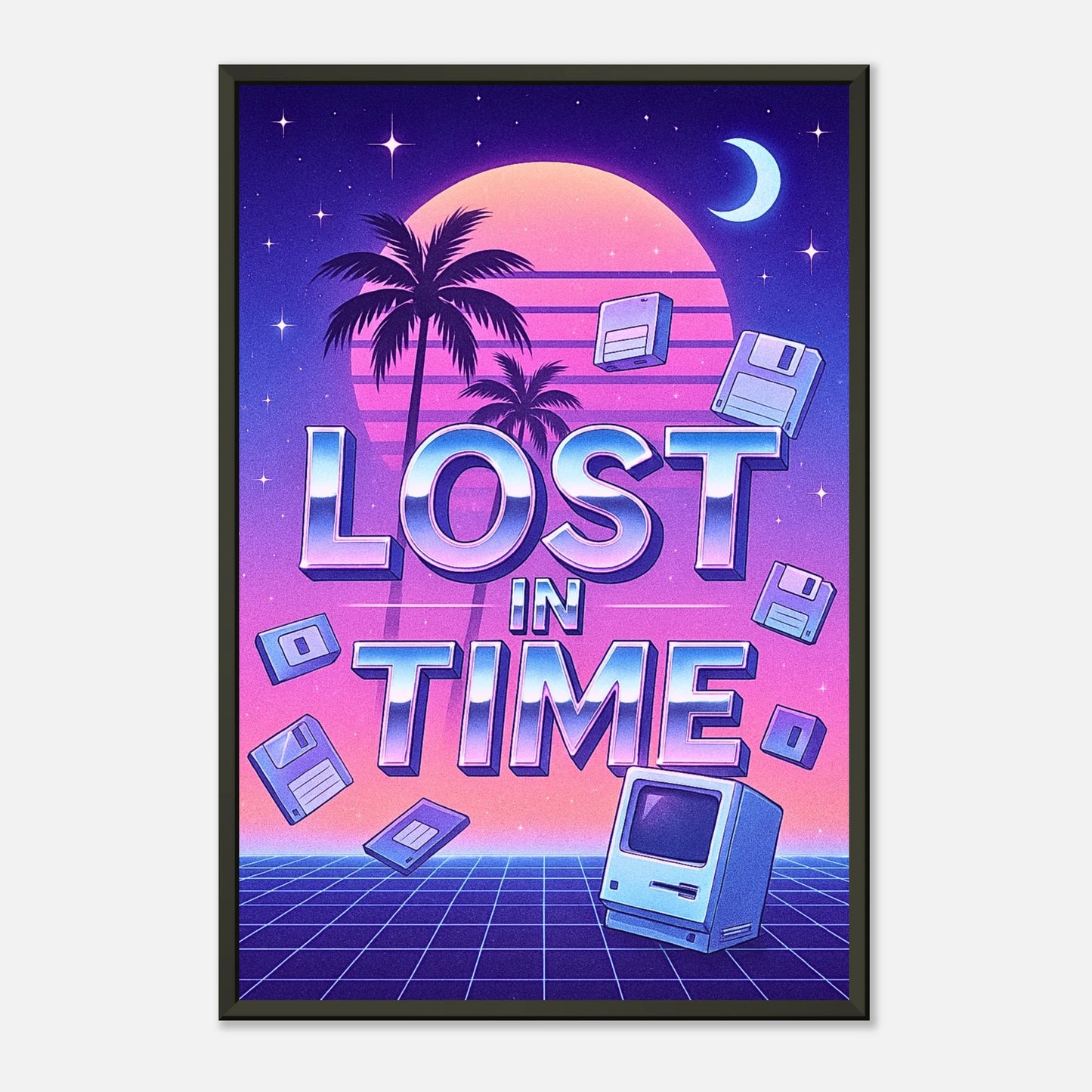 Lost in Time vaporwave wall decor in black metal frame standalone product mockup with nostalgic 80s tech theme