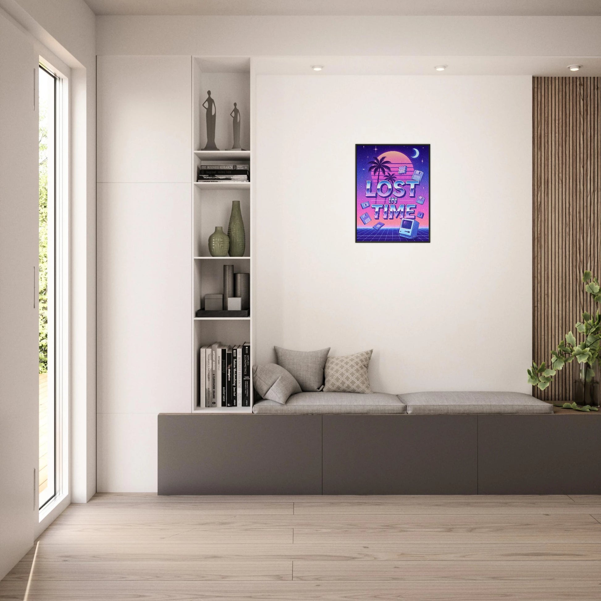 Lost in Time retro vaporwave wall art displayed in a bright modern room, black metal frame neon 80s poster decor