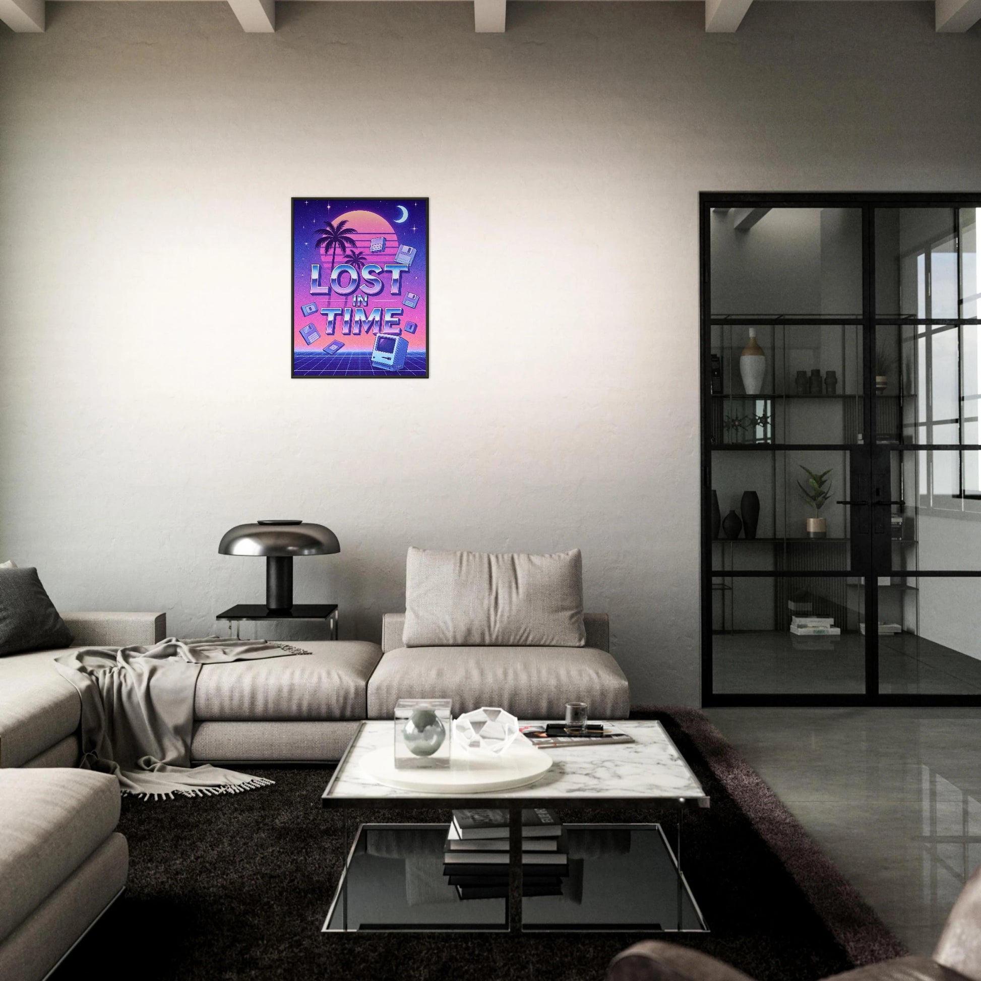 Lost in Time vaporwave poster in black metal frame displayed in modern living room interior, neon retro future wall decor