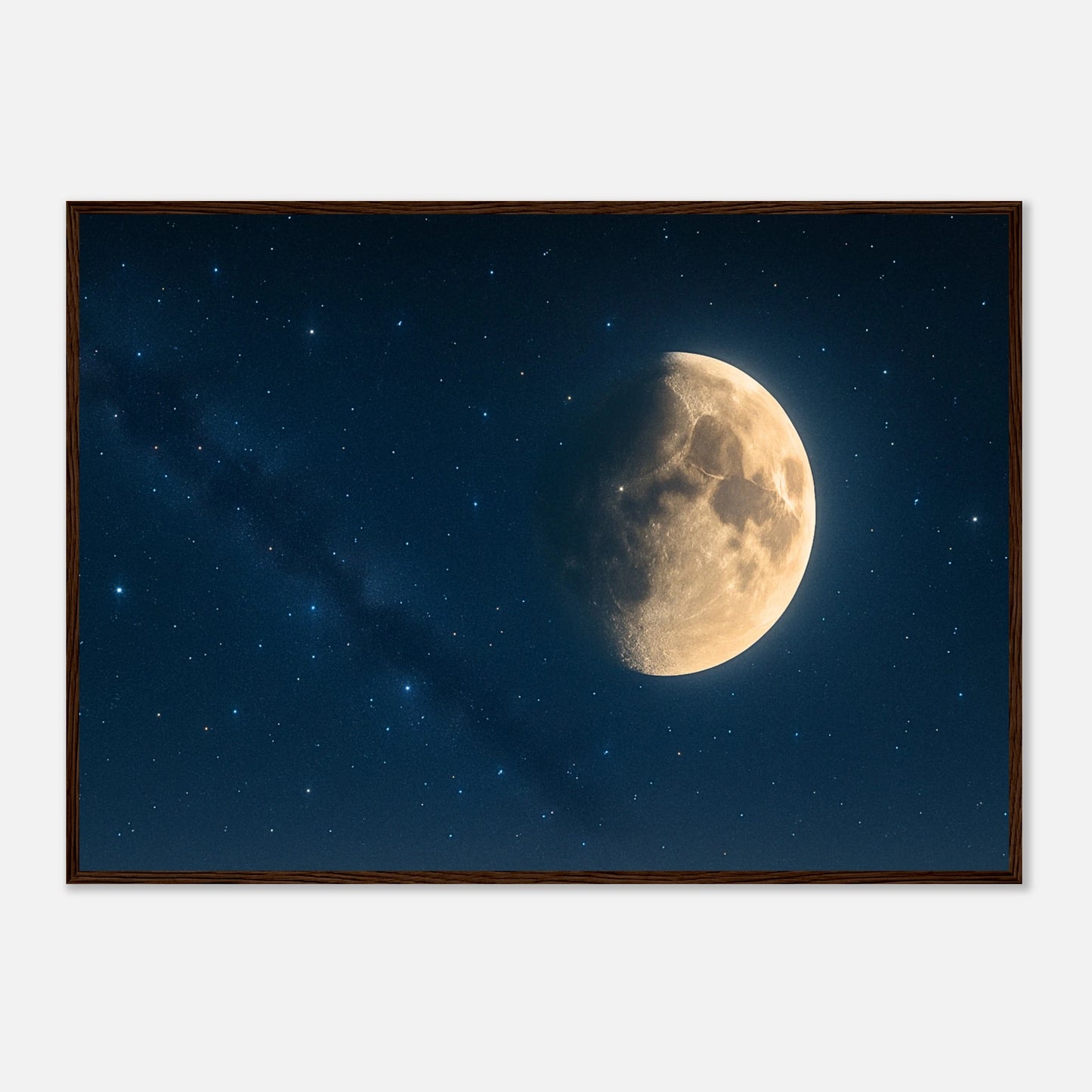 Lunar Silence Poster mit dunkelbraunem Holzrahmen – elegantes Mondmotiv für Wohnzimmer