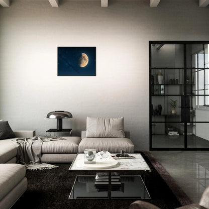 Lunar Silence Poster in dunkler, stilvoller Wohnzimmeratmosphäre – goldener Mond und tiefer Nachthimmel schaffen mystische Ruhe.