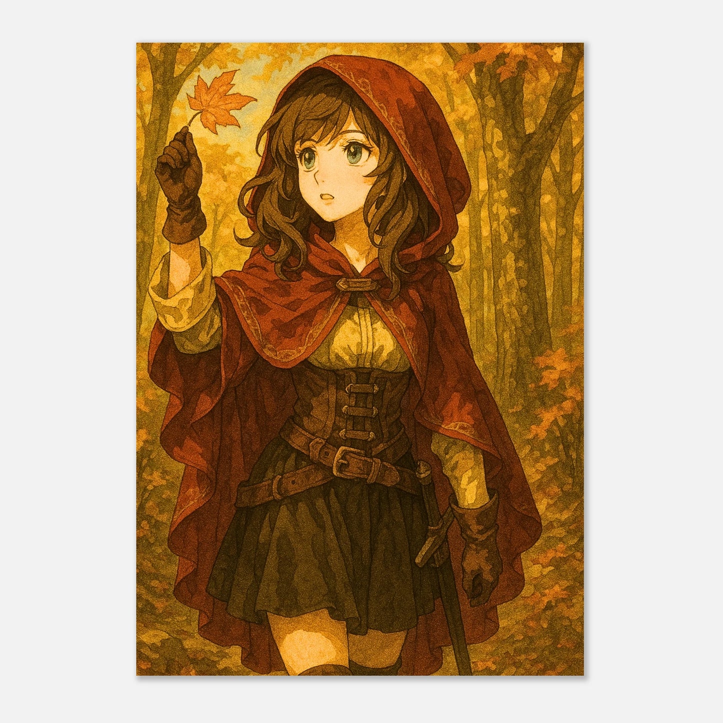 Magical Autumn Poster – Fantasy Mädchen mit Kapuze im goldenen Herbstwald, märchenhafte Wanddeko
Bild