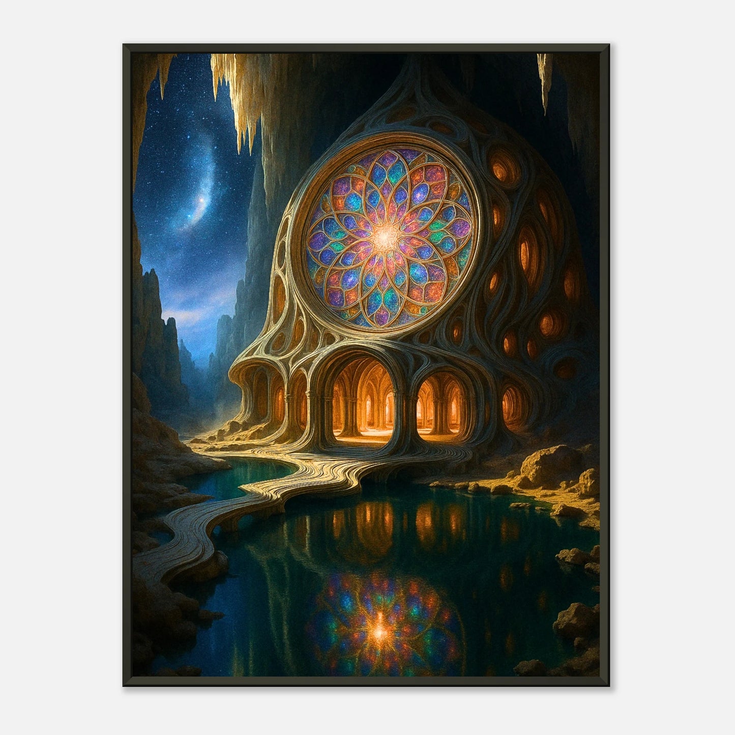 Magician House Fantasy Haus Wandbild mit schwarzem Metallrahmen, magisches Gebäude in leuchtender Höhle mit Glasfenster