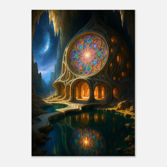 Magician House Poster – magisches Fantasy-Haus mit strahlendem Glasfenster und Spiegelung im Wasser