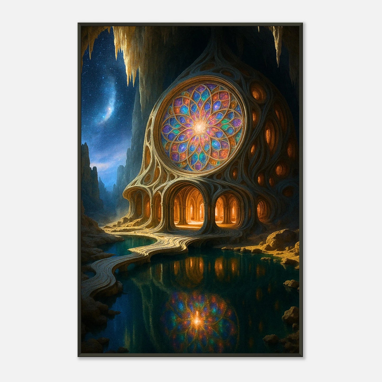 Magician House Fantasy Wandbild in dunklem modernen Interior, schwarzer Metallrahmen mit geheimnisvoller Atmosphäre