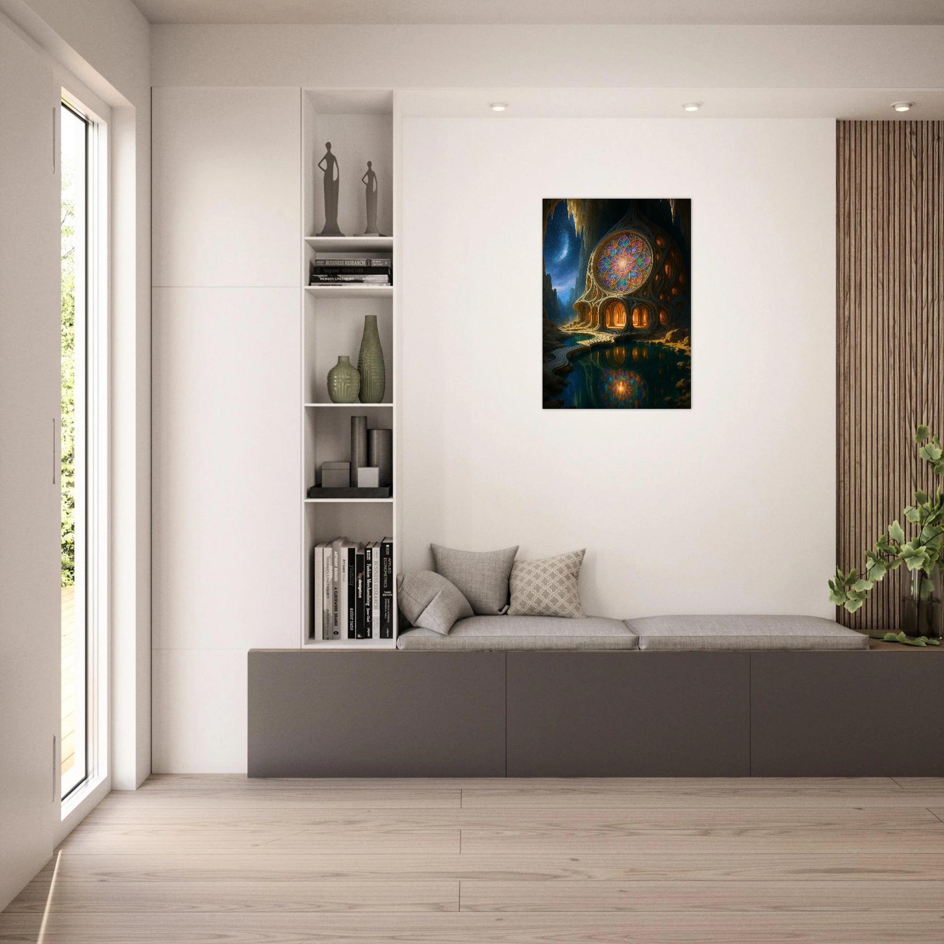 Magician House Poster im Wohnzimmer – magische Fantasy Wandkunst mit Glasfenster und Höhle
