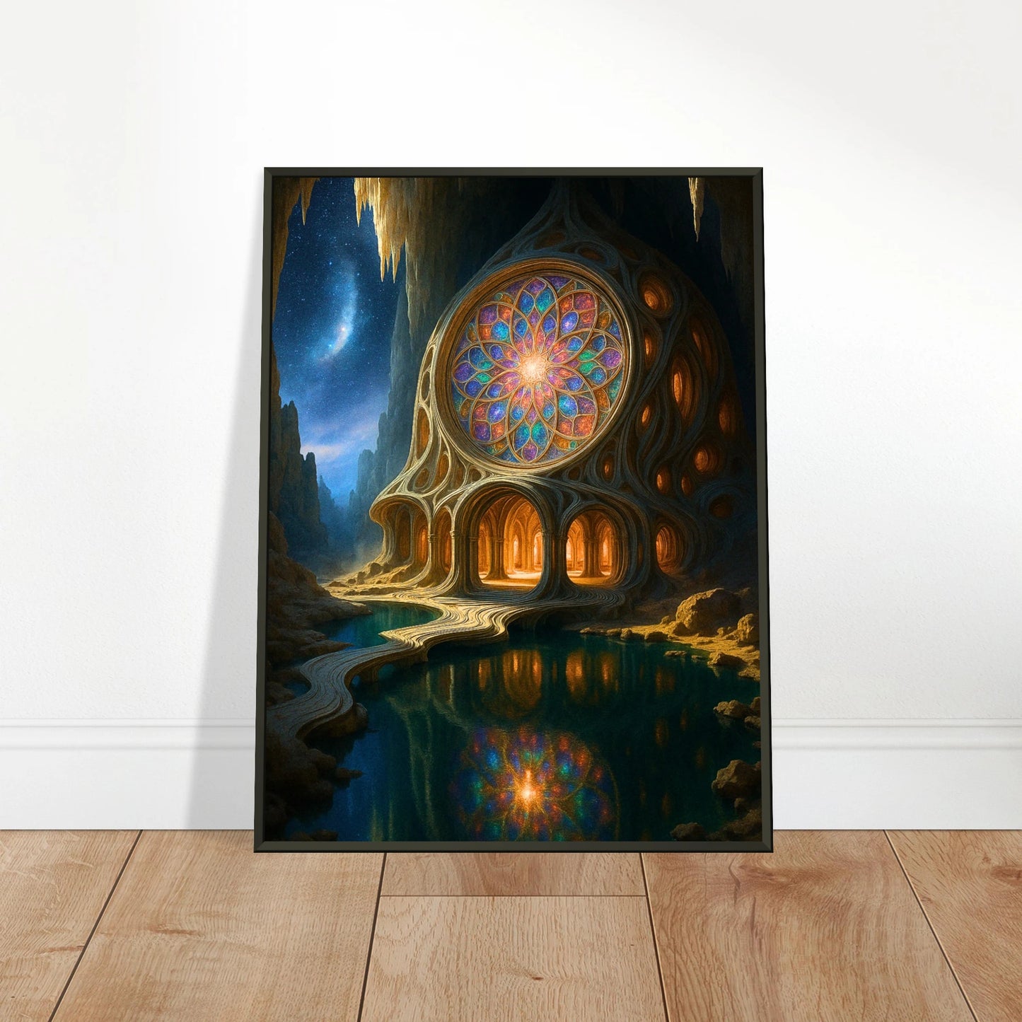 Magician House Wandbild in hellem modernen Wohnraum, magische Fantasy Hauskunst im schwarzen Metallrahmen