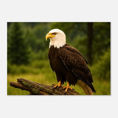 Majestic bald eagle wildlife poster print for wall decor, nature photography art in forest setting.