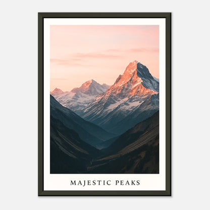 Majestic Peaks Poster in Schrägansicht – eindrucksvolle Alpenlandschaft im zarten Rosa des Sonnenaufgangs im schwarzen Metallrahmen.
