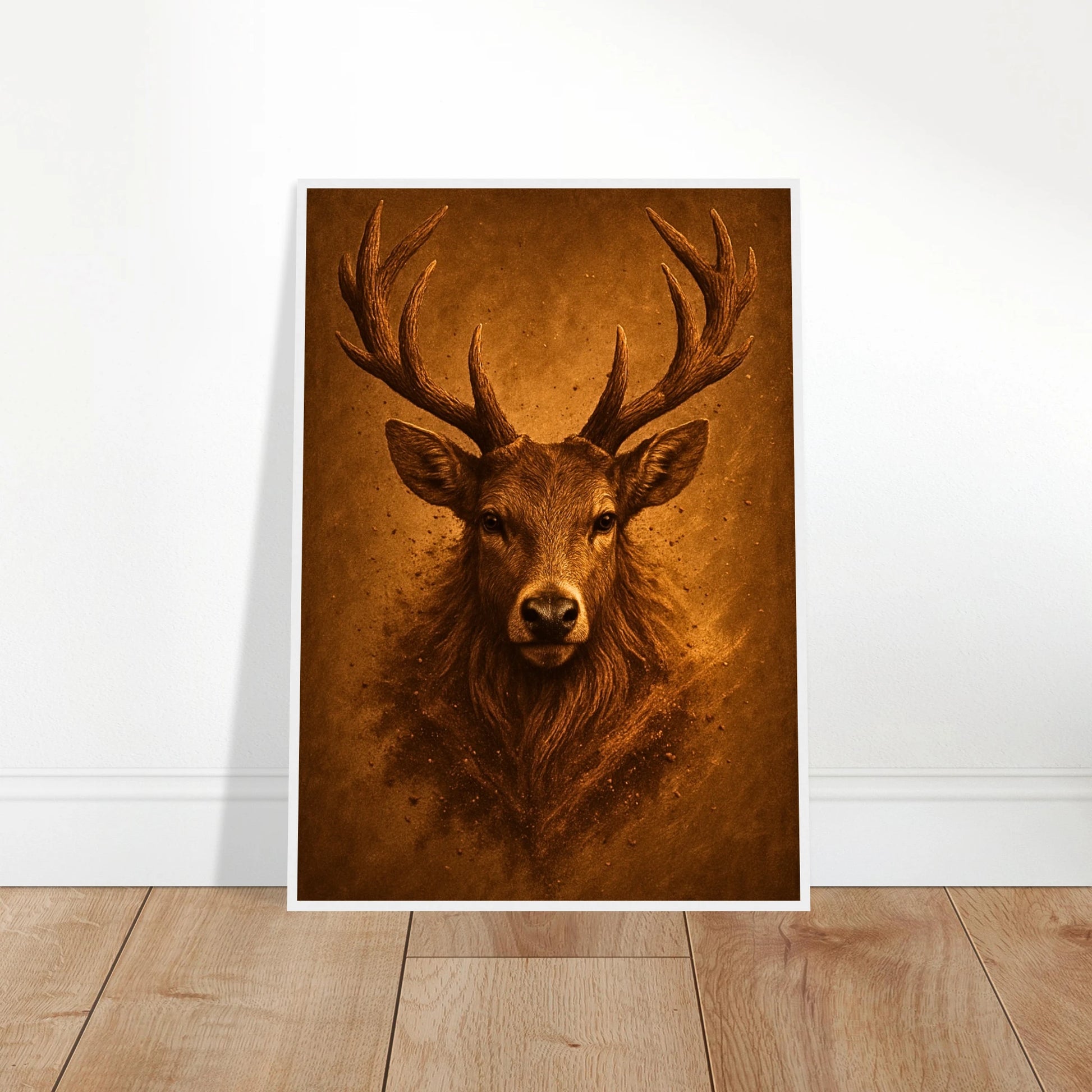 Majestic Silence Hirsch Poster – Naturmotiv eines majestätischen Hirsches, stilvoll an die Wand gelehnt.