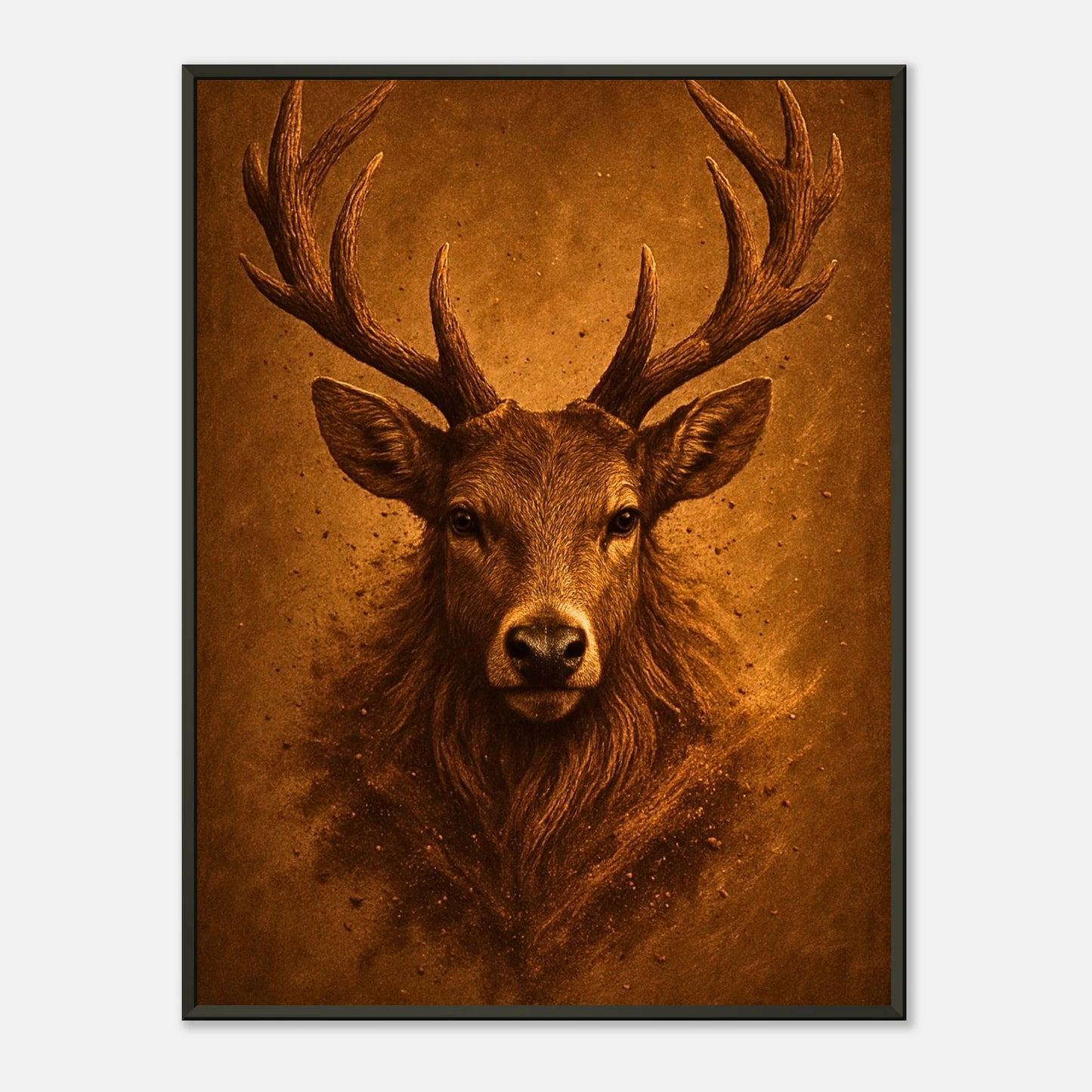 Majestic Silence Poster – edles Hirschportrait in warmen Brauntönen mit majestätischem Ausdruck im schwarzen Metallrahmen. Tierkunst von Defa Designs.