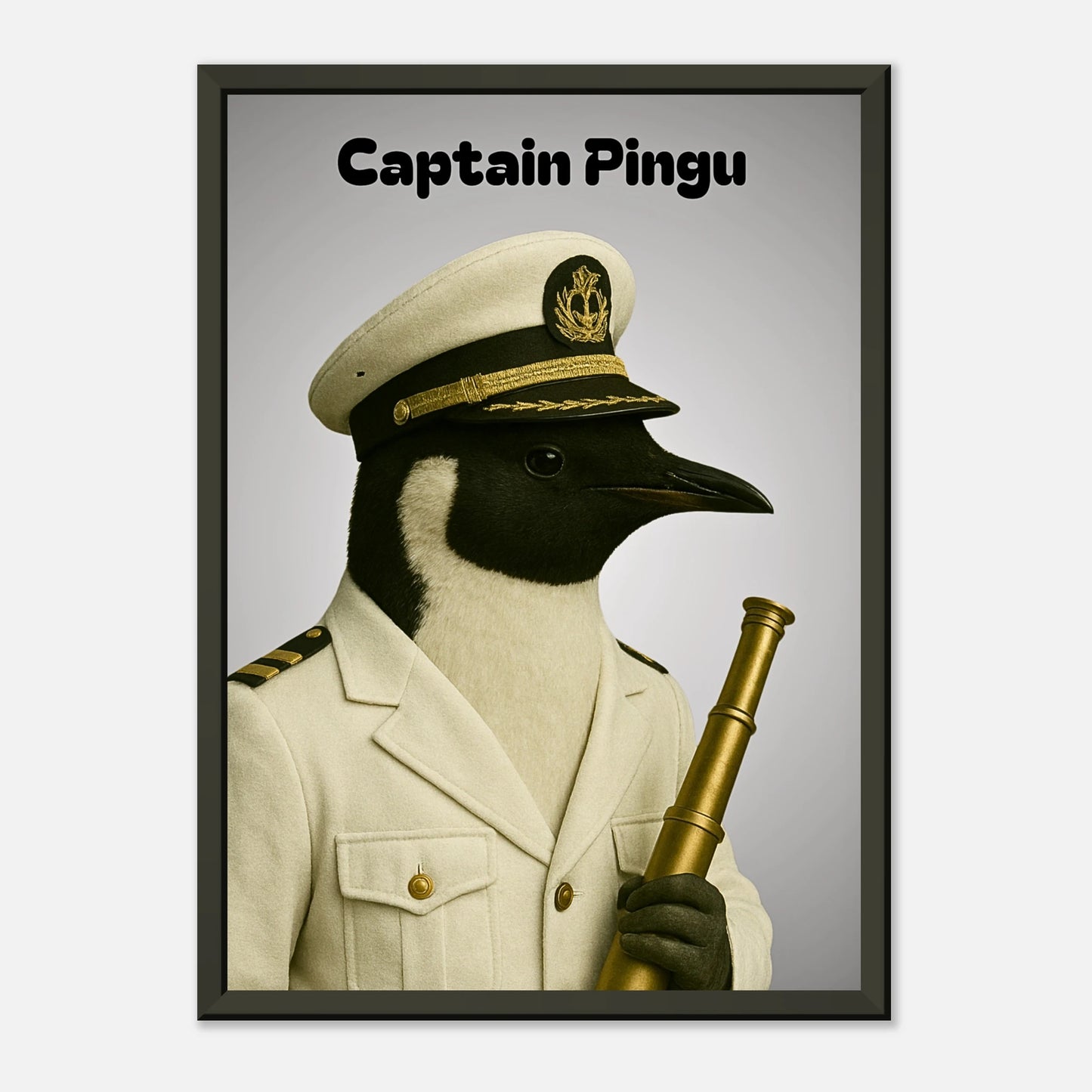 Maritimes Tierposter „Captain Pingu – Ice-Cold Command“ im schwarzen Metallrahmen, originelle Wandkunst mit Pinguin-Motiv | DEFA Designs