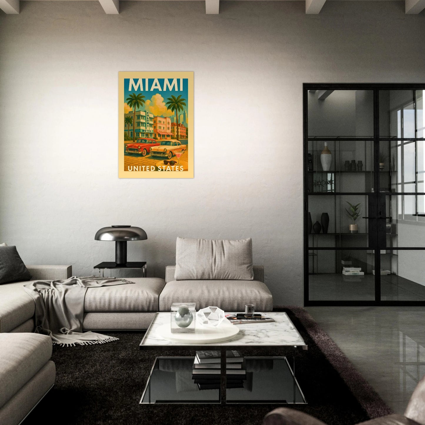 „Nahaufnahme Miami Poster – United States Vintage Art Deco Wandkunst mit tropischem Flair und Classic Car“