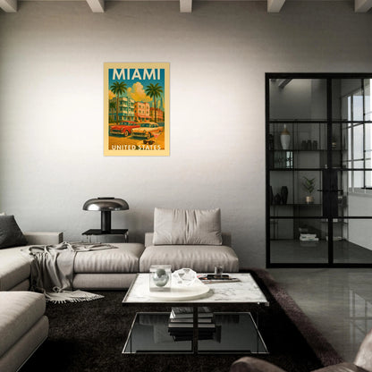 „Nahaufnahme Miami Poster – United States Vintage Art Deco Wandkunst mit tropischem Flair und Classic Car“