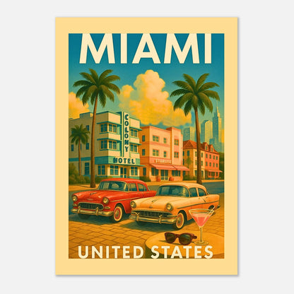 „Miami Wall Art Poster – farbenfrohes United States Vintage Art Deco Print mit Palmen und Classic Car“