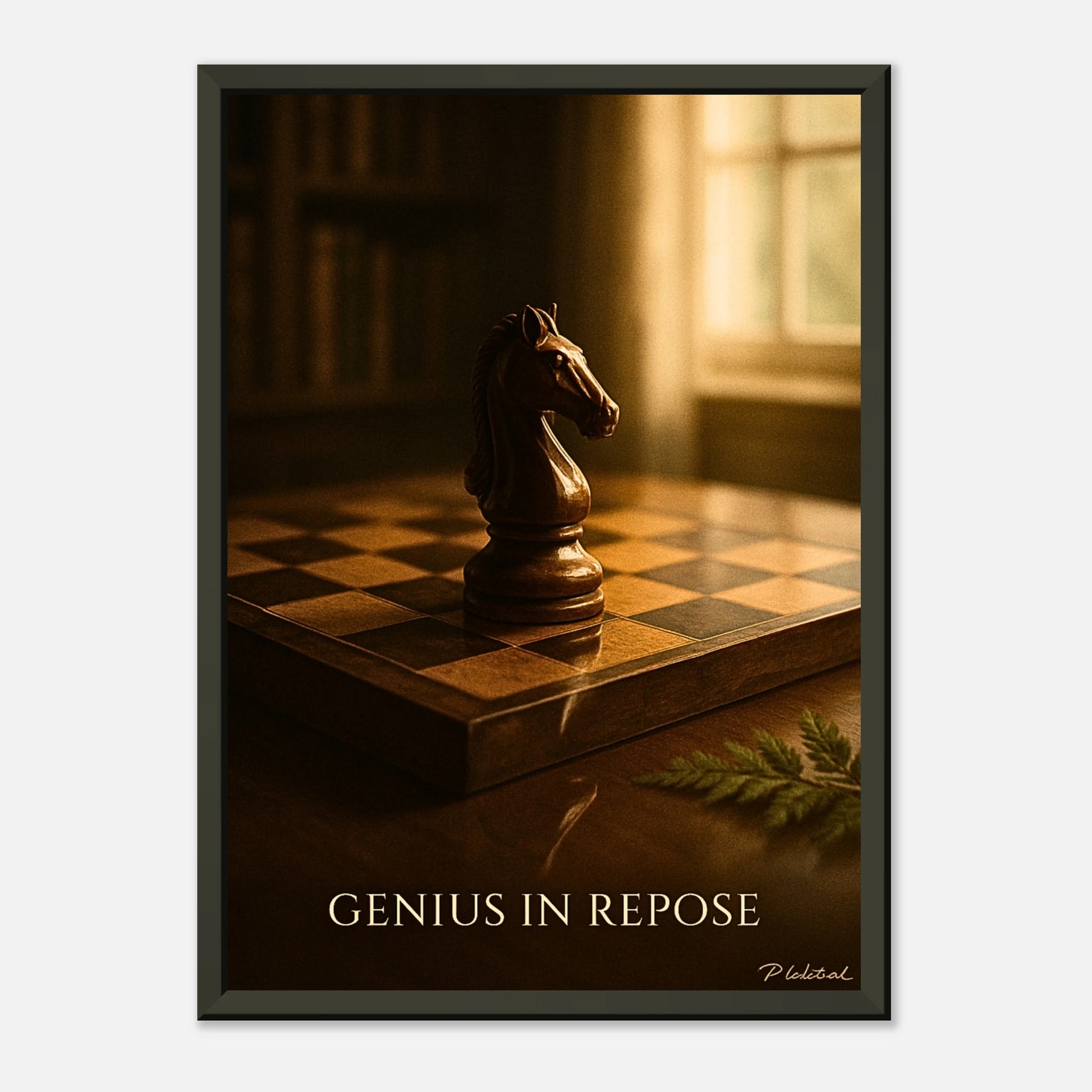 Mind Over Motion chess wall art print in black metal frame with elegant knight illustration and soft golden tones