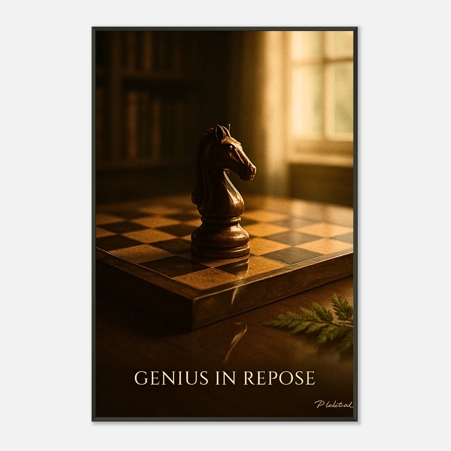 Mind Over Motion knight chess wall art poster in black metal frame front view with dramatic strategic atmosphere
