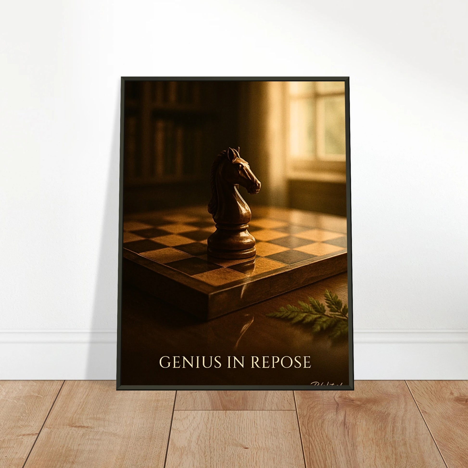Mind Over Motion chess wall art poster leaning against wall in black metal frame modern intellectual interior mockup