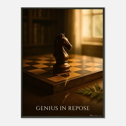Mind Over Motion chess wall art poster in black metal frame featuring thoughtful knight on chessboard in warm cinematic light