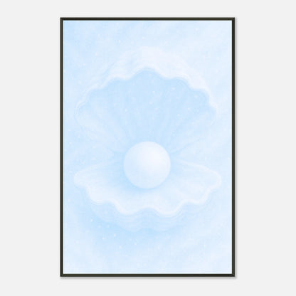 Minimalistisches Ocean’s Secret Poster – sanftes Perlenmotiv in hellblauem Meereston mit schwarzem Metallrahmen | DEFA Designs