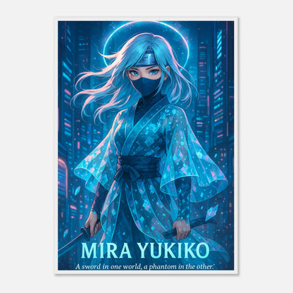 MIRA YUKIKO Poster im weißen Rahmen – Samurai-Heldin in blauem Mondlicht, leuchtendes Anime-Wandbild mit mystischer Energie. Defa Designs Premium Art.