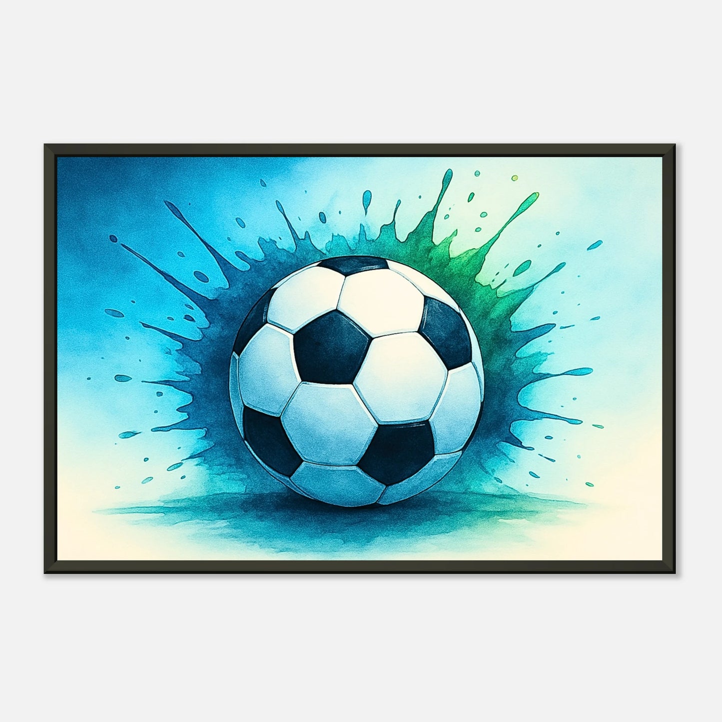 Fußballposter „Momentum – The Heart of Soccer“ mit energiegeladenem Ball und blauer Bewegung im eleganten Rahmen | DEFA Designs