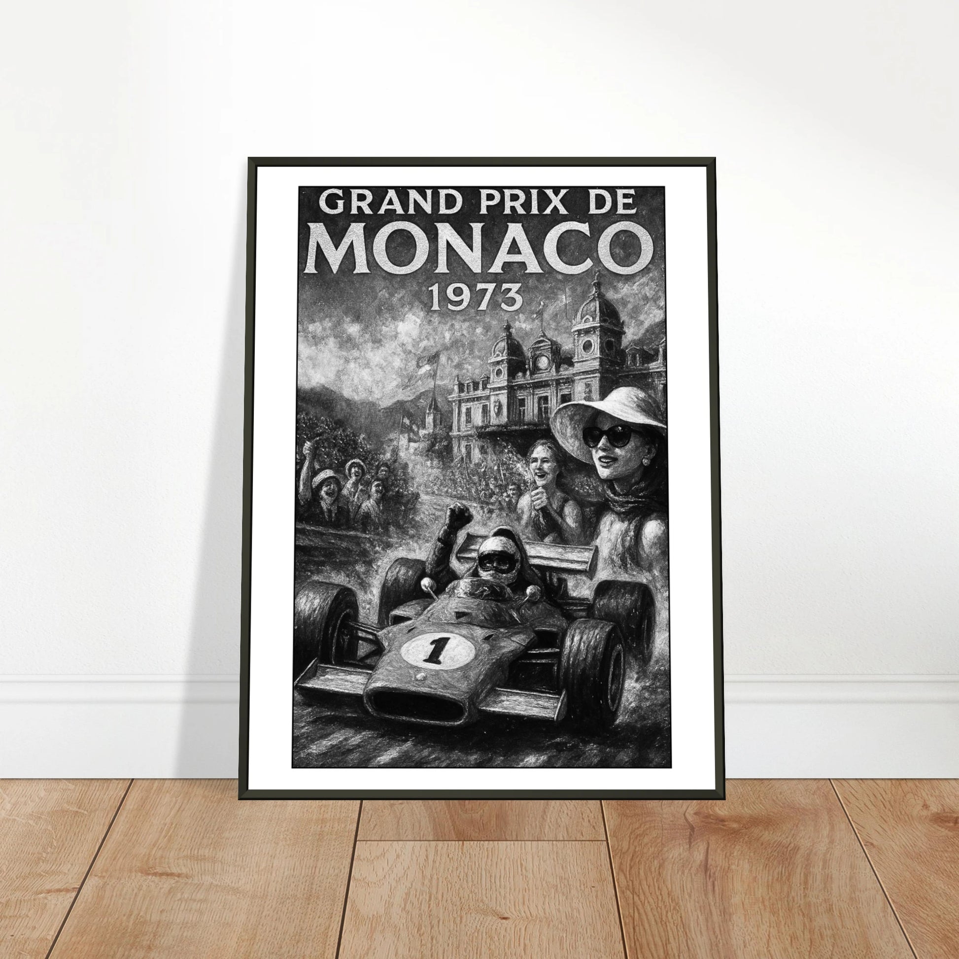 Monaco Victory Poster 1973 – Rennkunst an die Wand gelehnt im schwarzen Metallrahmen | Klassisches Motorsport-Dekor | DEFA Designs
