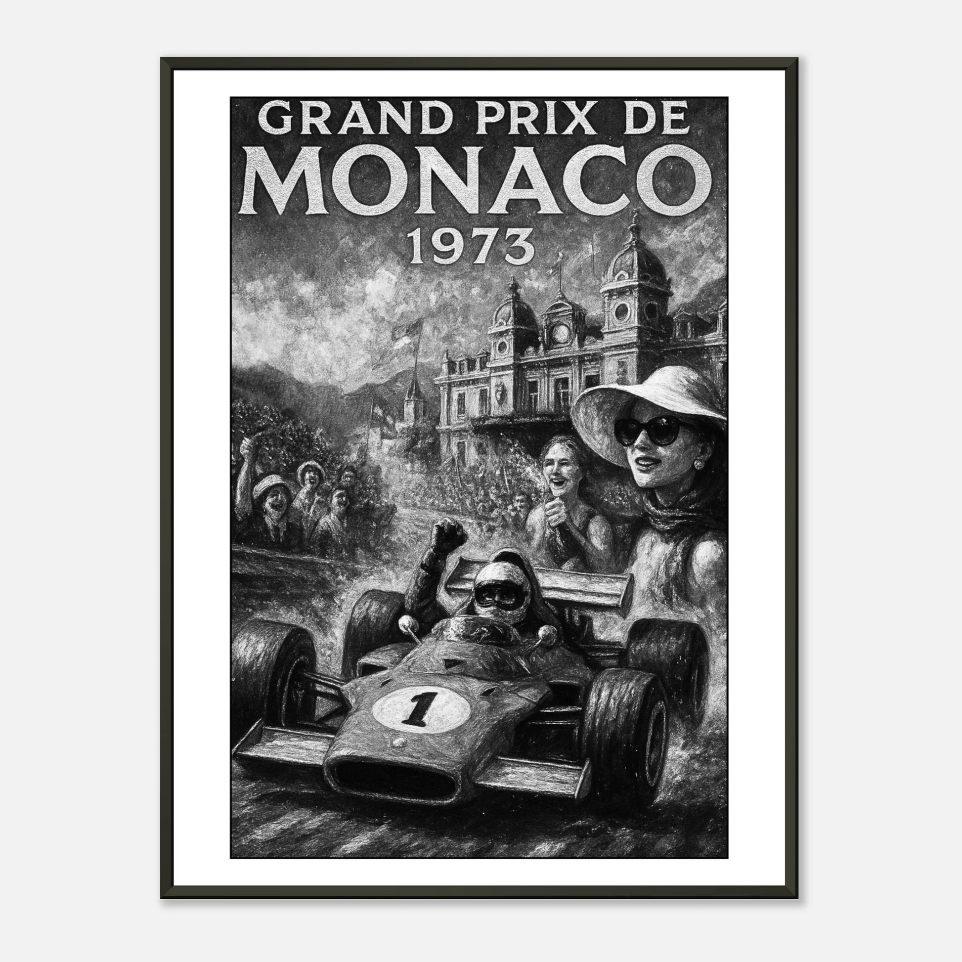 Monaco Victory – 1973 Grand Prix Poster im schwarzen Metallrahmen | Klassisches Formel-1-Rennposter mit Oldtimer-Rennwagen in Monaco | DEFA Designs