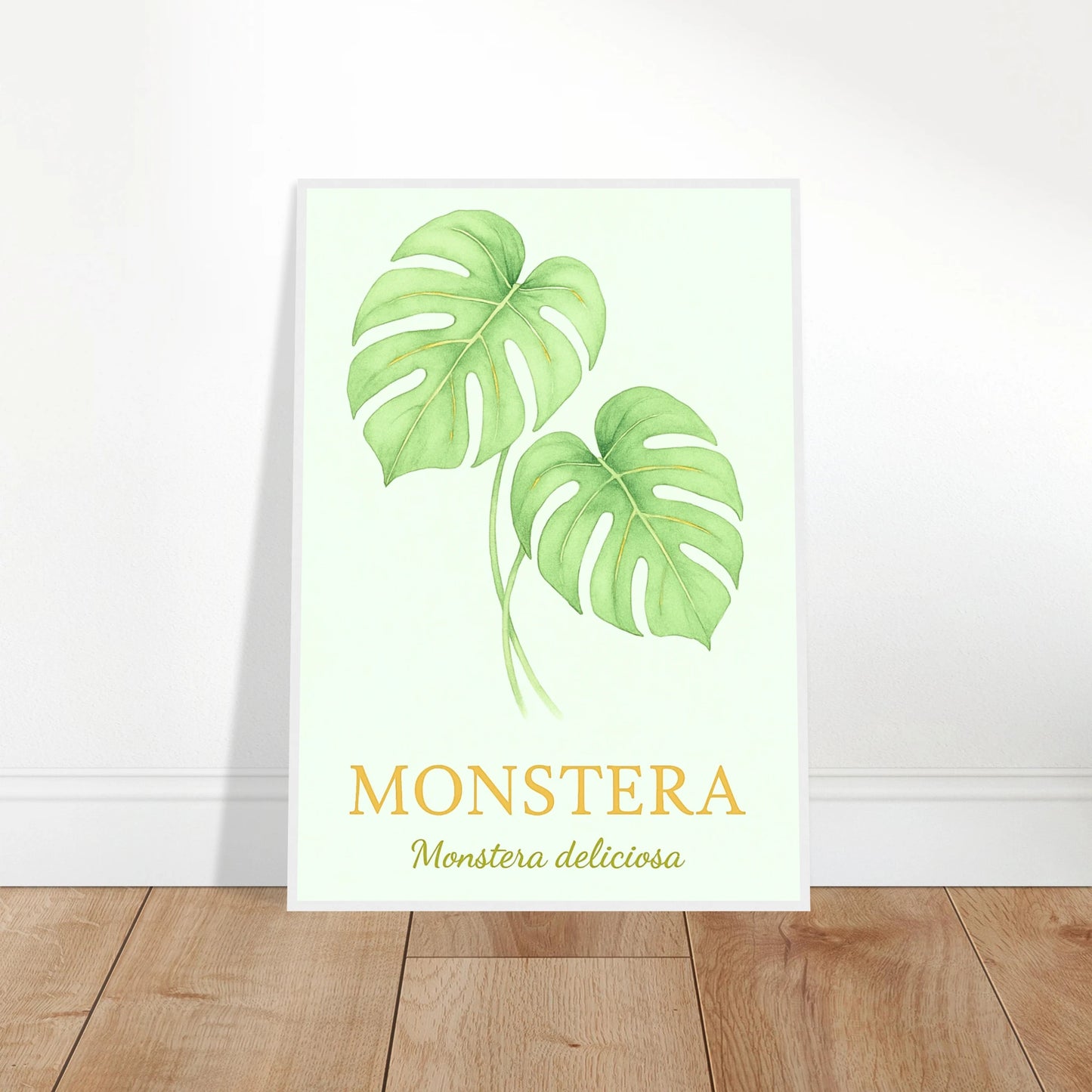 Monstera Poster – tropisches Pflanzenbild angelehnt an Wand, moderne Raumgestaltung