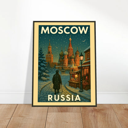Moscow Russia vintage travel poster leaning on floor in black metal frame
