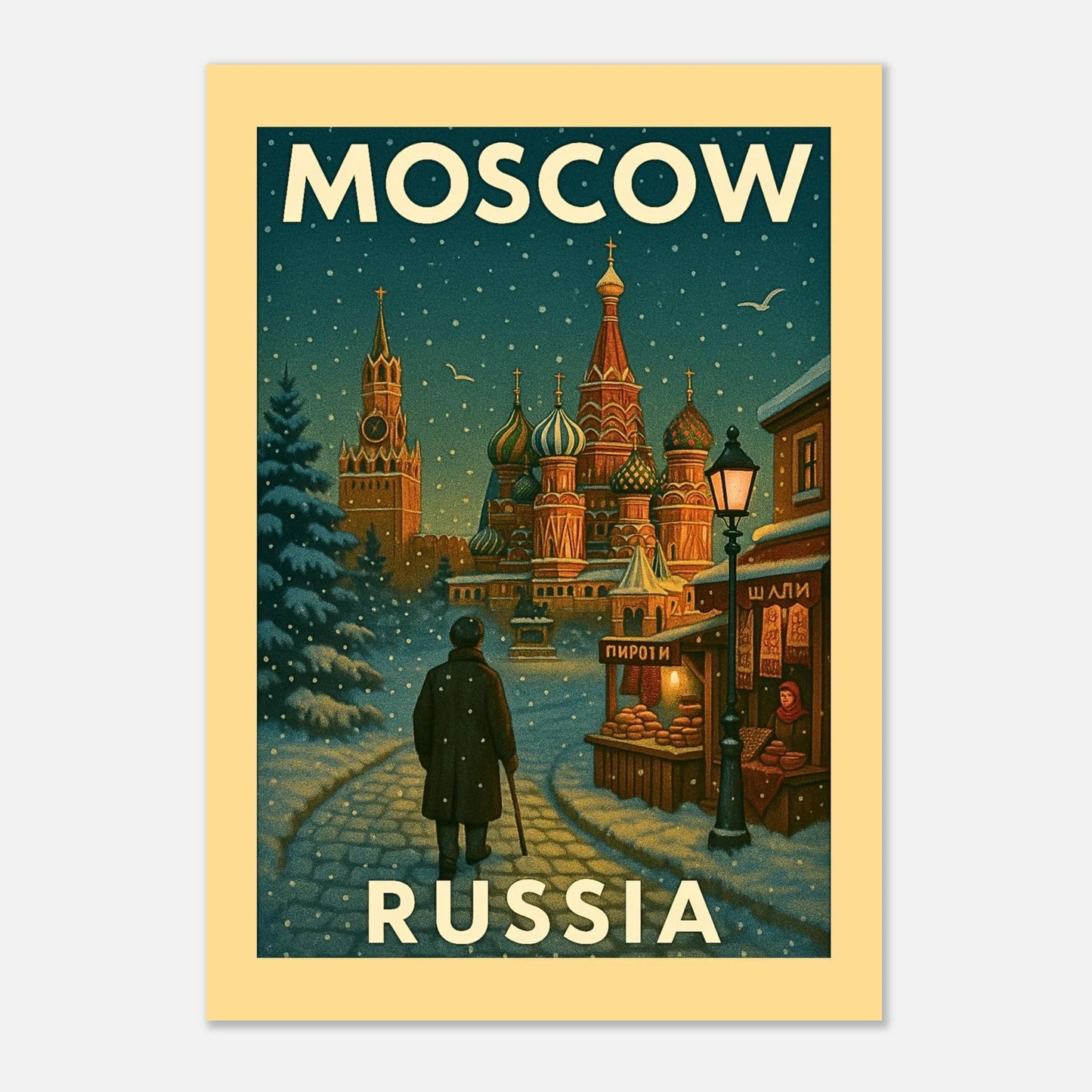 Moscow Russia Poster – Vintage Wandbild mit St. Basil’s Cathedral und winterlicher Altstadt, hochwertiger Kunstdruck