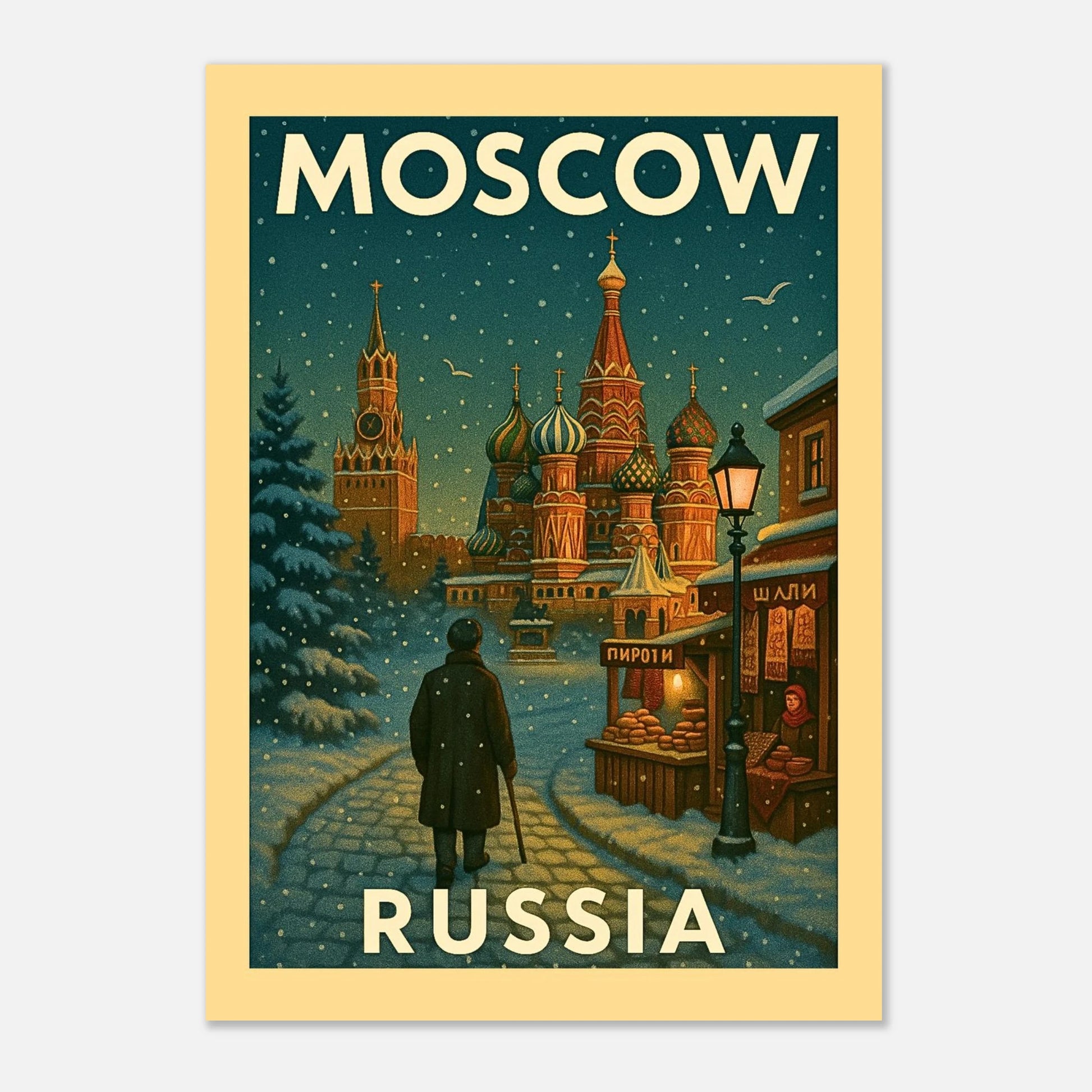 Moscow Russia Wandbild im Wohnzimmer – dekoratives Vintage Poster mit verschneiter Altstadt und Kathedrale