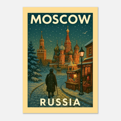 Moscow Russia Wandbild im Wohnzimmer – dekoratives Vintage Poster mit verschneiter Altstadt und Kathedrale