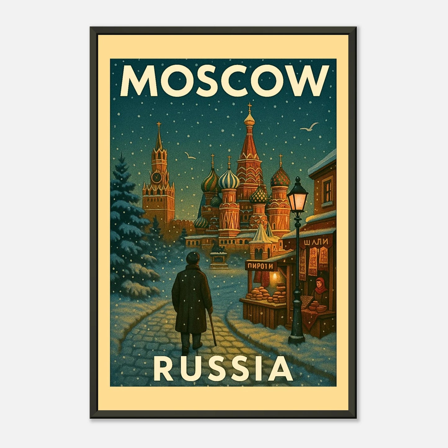 Retro Moscow Russia wall art in black metal frame showing snow-covered streets, glowing windows and cathedral skyline