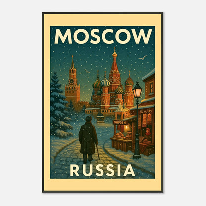 Moscow Russia travel poster in black metal frame featuring colorful cathedral domes, winter cityscape and warm evening lights