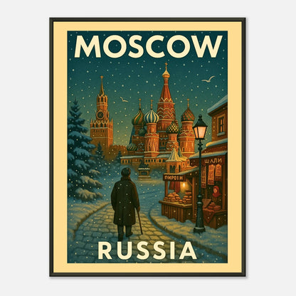 Vintage Moscow Russia wall art poster in black metal frame with Saint Basil’s Cathedral, snowy streets and classic travel illustration style