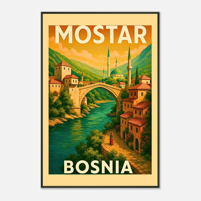 Mostar city vintage poster in black metal frame with traditional architecture and retro travel artwork