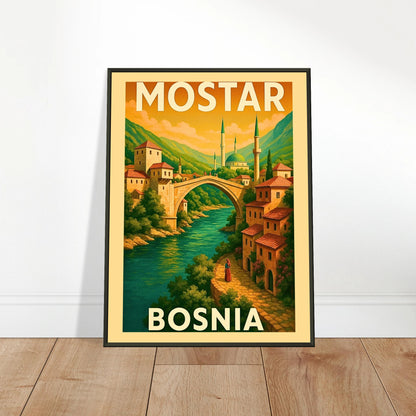 Mostar Bosnia vintage travel poster leaning on floor in black metal frame