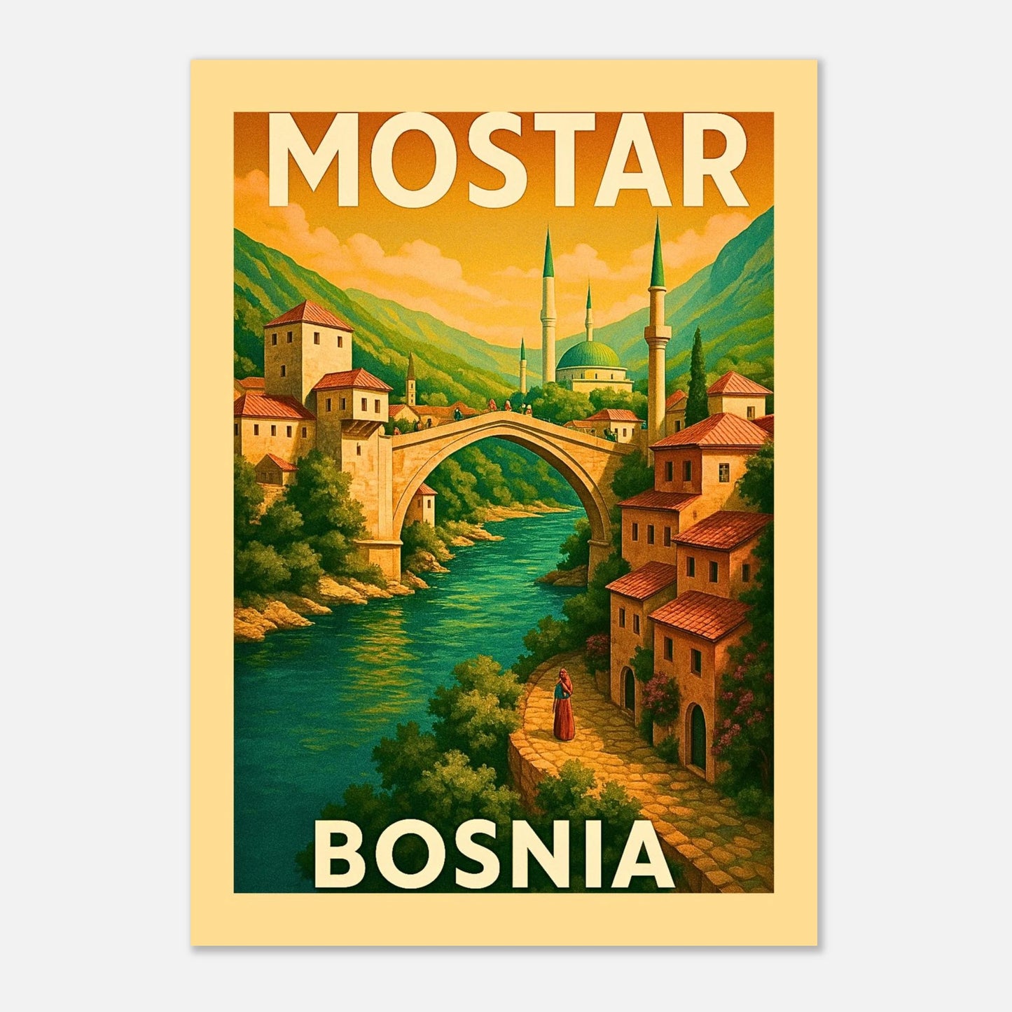 Mostar Bosnia Wandbild im Wohnzimmer – dekoratives Vintage Poster mit der Stari Most Brücke