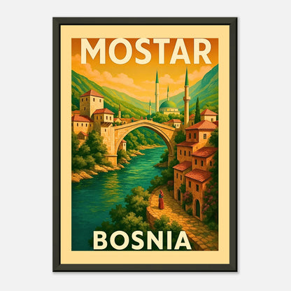 Retro Mostar Bosnia wall art in black metal frame showing stone bridge, old town streets and golden evening light