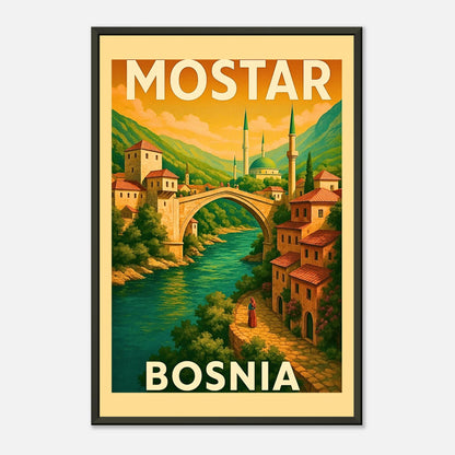 Mostar Bosnia travel poster in black metal frame featuring historic bridge, riverside houses and warm sunset tones