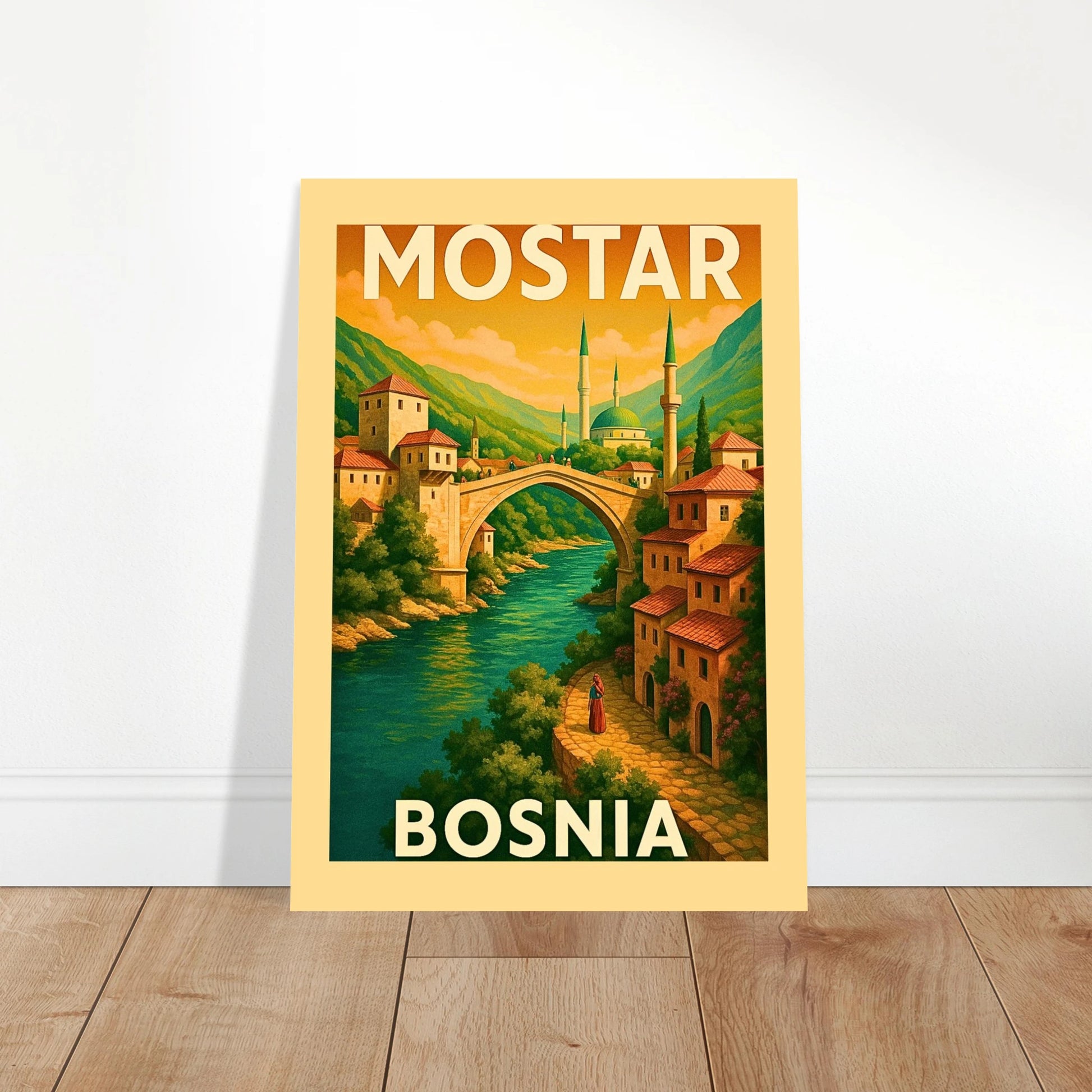 Mostar Poster im Vintage-Stil – Retro Wandkunst als Deko für Wohnzimmer oder Büro mit Stari Most Brücke