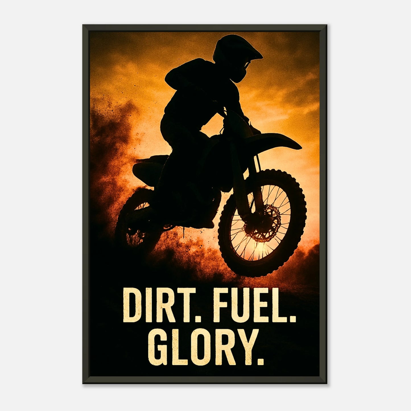 Motocross Art Print – Dirt. Fuel. Glory. | Kraftvolles Poster mit Motorradfahrer und staubiger Atmosphäre im schwarzen Metallrahmen | DEFA Designs