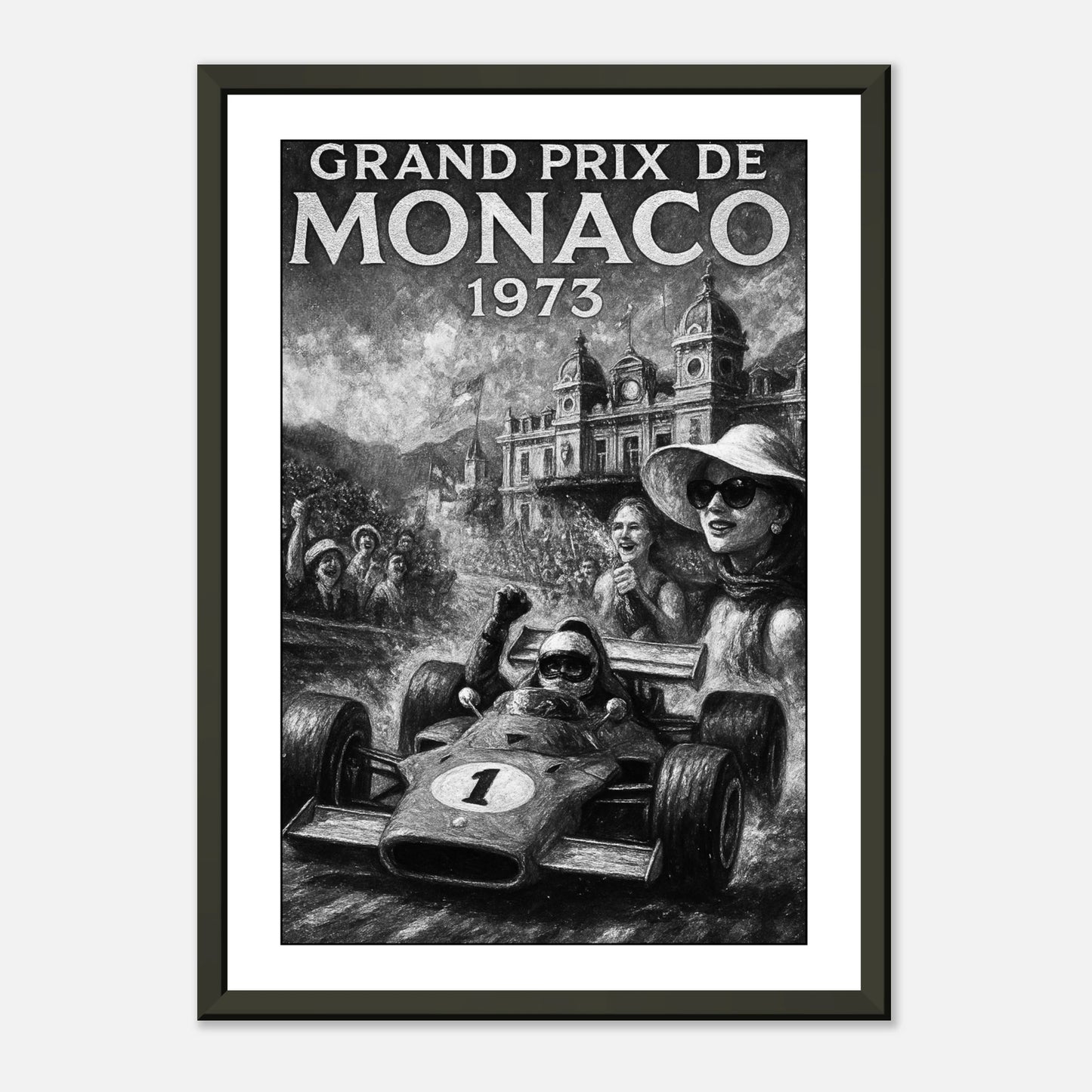 Motorsport Wandbild Monaco Grand Prix 1973 – klassisches Formel-1-Design im schwarzen Metallrahmen für stilvolle Wohnräume | DEFA Designs