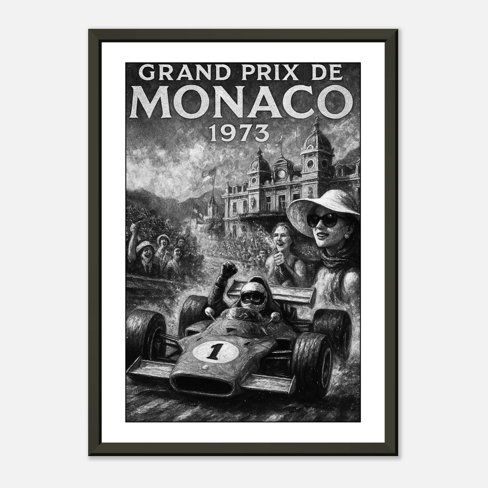 Motorsport Wandbild Monaco Grand Prix 1973 – klassisches Formel-1-Design im schwarzen Metallrahmen für stilvolle Wohnräume | DEFA Designs